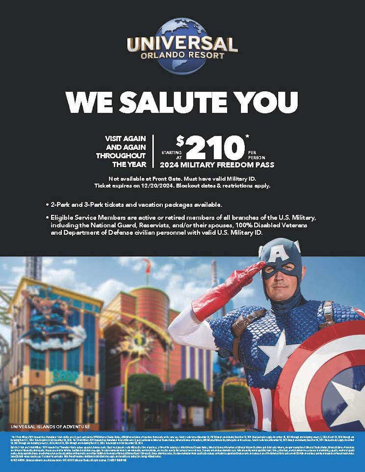 Universal Orlando 2024 Military Freedom Pass promotion flyer 11.15.2023